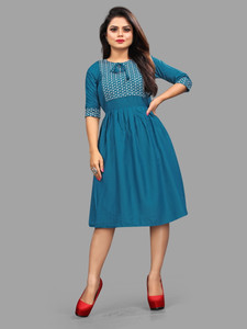 LOZZBY Women Ethnic Dress Blue Knee Length Dress