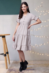 POPWINGS Women Peplum Beige Knee Length Dress