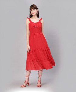 AAYU Women Ruffled Red Midi/Calf Length Dress