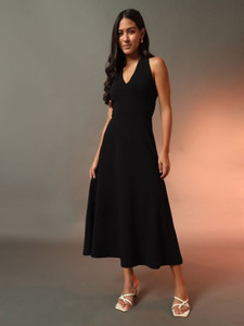 KASHIAN Women Fit and Flare Black Midi/Calf Length Dress