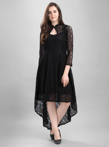 ZELZIS Women High Low Black Midi/Calf Length Dress