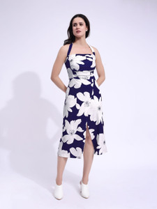 PURVAJA Women A-line Black, White Midi/Calf Length Dress