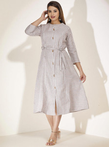 ap2kurti Women A-line Brown, White Midi/Calf Length Dress
