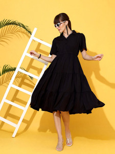 Sheetal Associates Women A-line Black Midi/Calf Length Dress