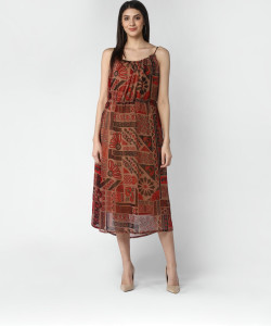 STYLESTONE Women Fit and Flare Maroon Midi/Calf Length Dress