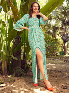 STREET9 Women Maxi Light Green, Orange, Black Full Length Dress