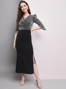 YOVINA Women Bodycon Black Below Knee Dress