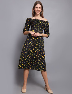 ROSEMELON Women Fit and Flare Black, Yellow Knee Length Dress