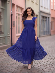 AAYU Women Fit and Flare Dark Blue Midi/Calf Length Dress