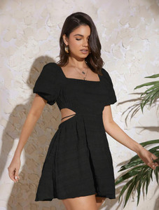 Aahwan Women A-line Black Above Knee/Mid Thigh Length Dress