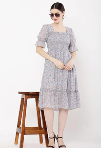 LADYANA Women Fit and Flare Grey, Red, Yellow Knee Length Dress