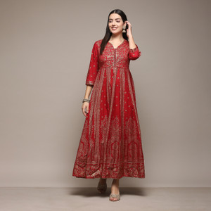 BIBA Women Ethnic Dress Red, Gold Maxi/Full Length Dress