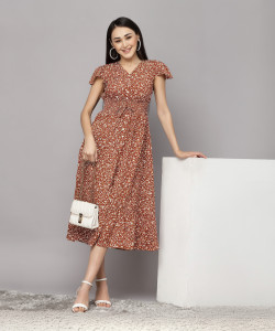 AAYU Women Fit and Flare Brown Midi/Calf Length Dress