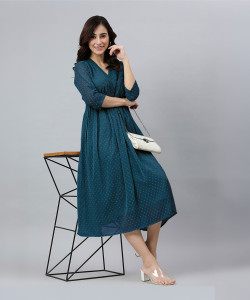 Janasya Women A-line Blue Midi/Calf Length Dress