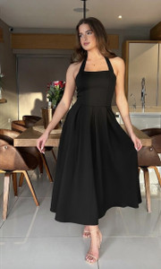 Fashion Street London Women Fit and Flare Black Midi/Calf Length Dress