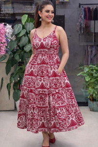 Chaukas Women Fit and Flare Red Midi/Calf Length Dress