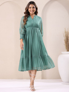 Janasya Women Fit and Flare Green Midi/Calf Length Dress
