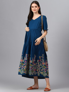 Negen Women Gathered Blue Midi/Calf Length Dress