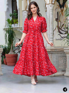 MACHLA Women Gown Red Ankle Length Dress