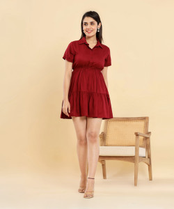 decoris Women Layered Maroon Knee Length Dress