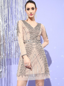 STREET9 Women Pleated Beige Below Knee Dress