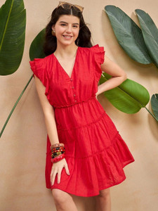 ZUMMER Women Fit and Flare Red Above Knee/Mid Thigh Length Dress