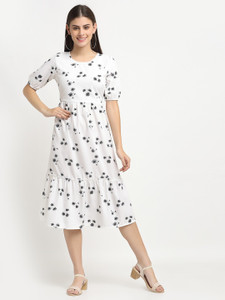 BRINNS Women Fit and Flare White, Black Midi/Calf Length Dress
