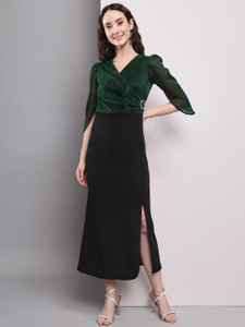 YOVINA Women Bodycon Green, Black Below Knee Dress