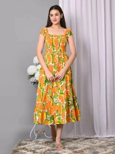 VYMO Women Fit and Flare Yellow Midi/Calf Length Dress
