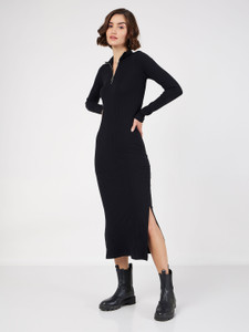 SASSAFRAS Women Bodycon Black Midi/Calf Length Dress