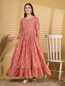 Rangeelo Jaipur Women Ethnic Dress Beige, Red Maxi/Full Length Dress