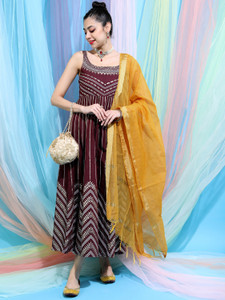 Vishudh Women Ethnic Dress Maroon, Yellow Maxi/Full Length Dress