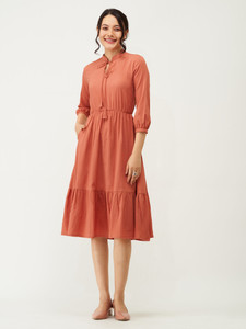 AASK Women Fit and Flare Orange Midi/Calf Length Dress