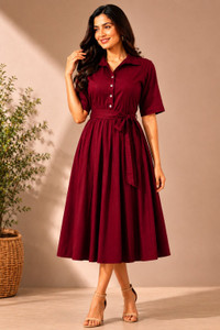 D-image Women Fit and Flare Maroon Below Knee Dress