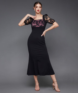 Miss Chase Women A-line Black Midi/Calf Length Dress