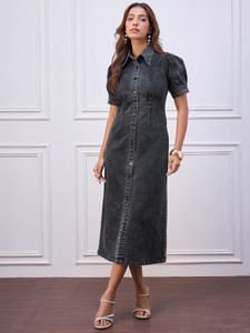 STYLESTONE Women Shirt Black Maxi/Full Length Dress