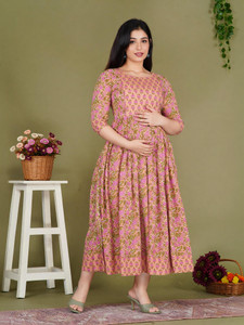 Gujari Women Fit and Flare Pink, Orange Midi/Calf Length Dress