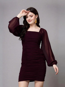 AAYU Women Bodycon Maroon Above Knee/Mid Thigh Length Dress