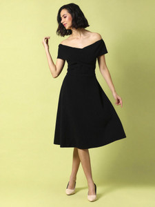 PINACOLADA Women Fit and Flare Black Midi/Calf Length Dress