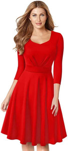 ALIYAJAPNA Women Fit and Flare Red Knee Length Dress