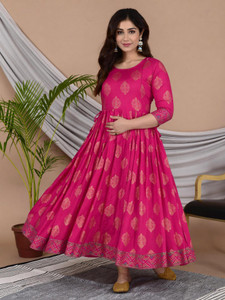 Gujari Women Fit and Flare Pink Midi/Calf Length Dress