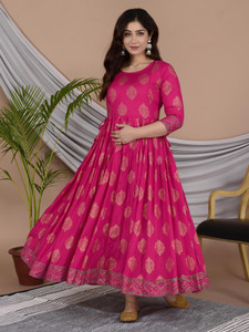 Gujari Women Fit and Flare Pink Midi/Calf Length Dress