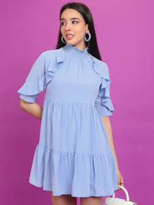 Tokyo Talkies Women Ruffled Light Blue Above Knee/Mid Thigh Length Dress