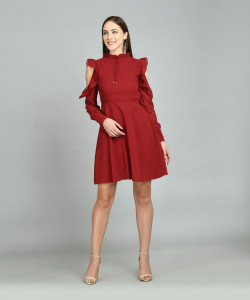 AAYU Women Fit and Flare Maroon Knee Length Dress