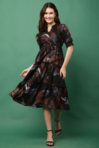 JustHer Women Fit and Flare Black, Blue Midi/Calf Length Dress