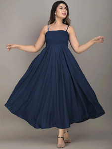 IQRAAR Women Fit and Flare Dark Blue Maxi/Full Length Dress