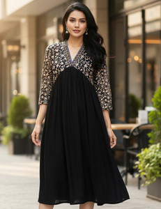 Anika Women Gathered Black Midi/Calf Length Dress