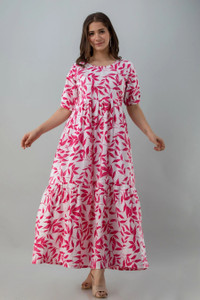 Fashion Unstoppable Women A-line Pink, White Maxi/Full Length Dress