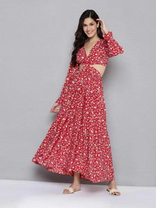 SASSAFRAS Women Fit and Flare Red Ankle Length Dress