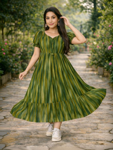 METRONAUT Women Fit and Flare Green Midi/Calf Length Dress